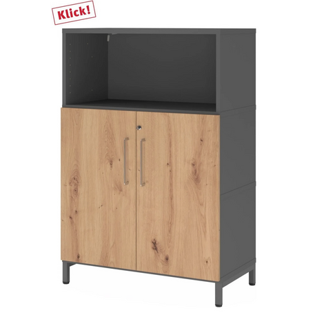 Büroschrank FlexWall in Graphit und Asteiche mit zwei Türen und offenem Fach von hjh OFFICE PRO