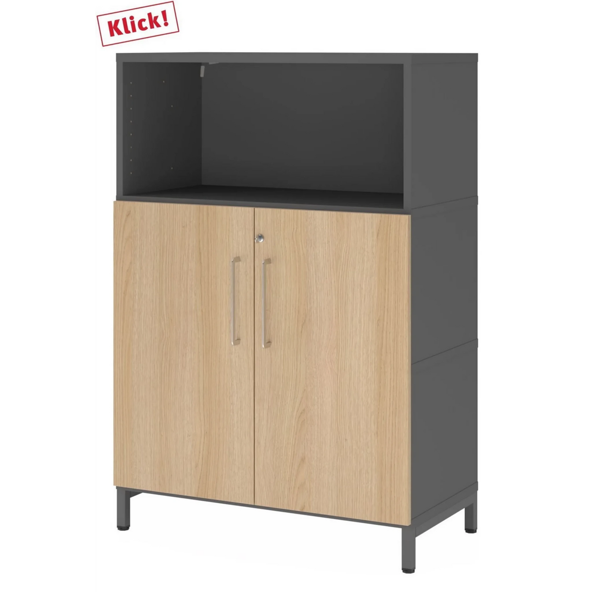 Aktenschrank FlexWall in Graphit und Eiche mit offenem Fach sowie zwei Türen von hjh OFFICE PRO