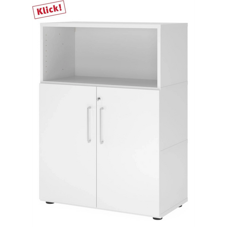 Weißer Aktenschrank FlexWall mit offenem Fach, zwei Türen und Stellfüßen von hjh OFFICE PRO