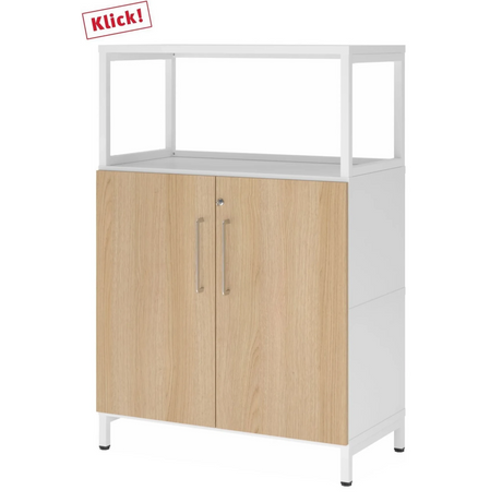 Schrank FlexWall mit Fronten in Eiche-Optik, weißem Rahmen und Sockelgestell von hjh OFFICE PRO