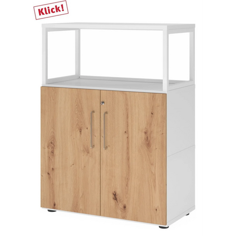 Unterschrank FlexWall in Weiß und Asteiche mit zwei Türen sowie einem weißen Aufsatzrahmen von hjh OFFICE PRO