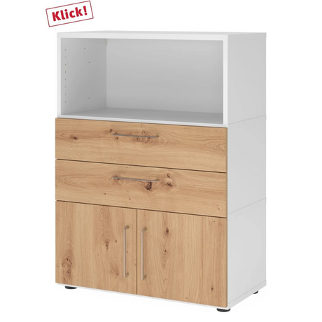 Moderner Sideboard-Schrank FlexWall in Weiß und Asteiche mit zwei Schubladen sowie einem Fach von hjh OFFICE PRO