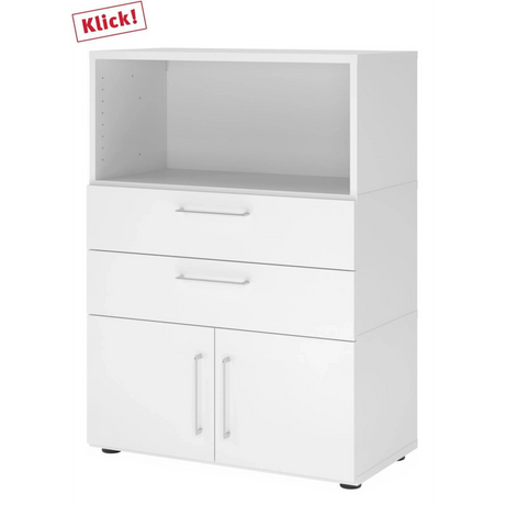 Weißer Aktenschrank FlexWall mit offenem Fach, zwei Schubladen und zwei Türen von hjh OFFICE PRO