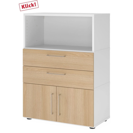 Bürokommode FlexWall in Weiß und Eiche mit zwei Schubladen, einem Fach und einem Schrank von hjh OFFICE PRO