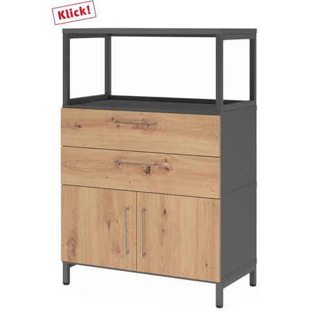 Sideboard FlexWall in Asteiche und Graphit mit zwei Schubladen, zwei Türen und Aufsatzrahmen von hjh OFFICE PRO