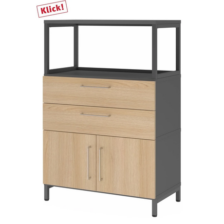 Sideboard FlexWall in Graphit und Eiche mit zwei Schubladen, zwei Türen und Aufsatzrahmen von hjh OFFICE PRO
