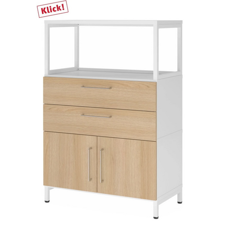 Sideboard FlexWall in Weiß und Eiche mit zwei Schubladen, zwei Türen und weißem Aufsatzrahmen von hjh OFFICE PRO