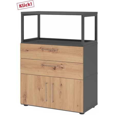 Unterschrank FlexWall in Graphit und Asteiche mit zwei Schubladen, zwei Türen und Aufsatzrahmen von hjh OFFICE PRO