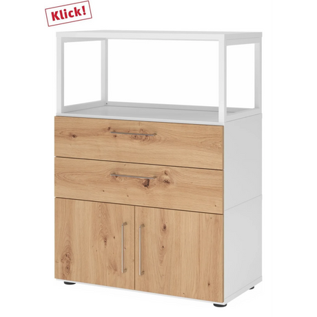 Unterstellschrank FlexWall in Weiß und Asteiche mit zwei Schubladen, zwei Türen und Aufsatzrahmen von hjh OFFICE PRO