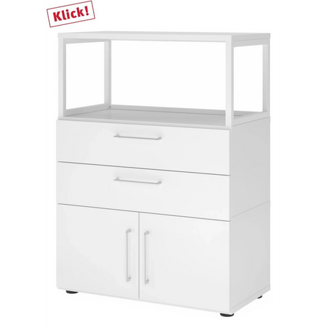 Weißer Unterschrank FlexWall mit zwei Schubladen, zwei Türen und einem offenen Aufsatzrahmen von hjh OFFICE PRO