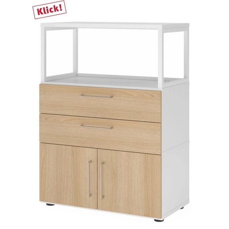 Unterstellschrank FlexWall in Weiß und Eiche mit zwei Schubladen, Türen und weißem Aufsatzrahmen von hjh OFFICE PRO