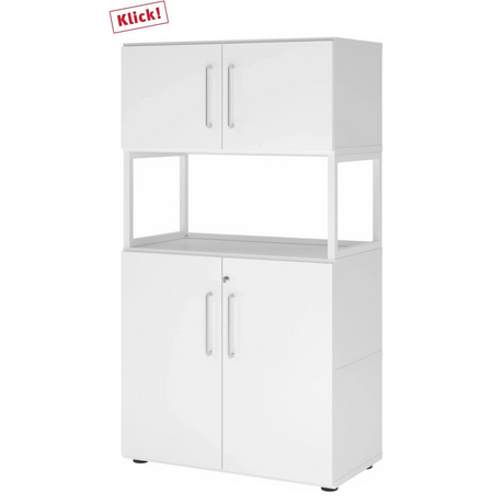 Weißer Aktenschrank FlexWall mit zwei Türen, offenem Regalfach und Stellfüßen von hjh OFFICE PRO