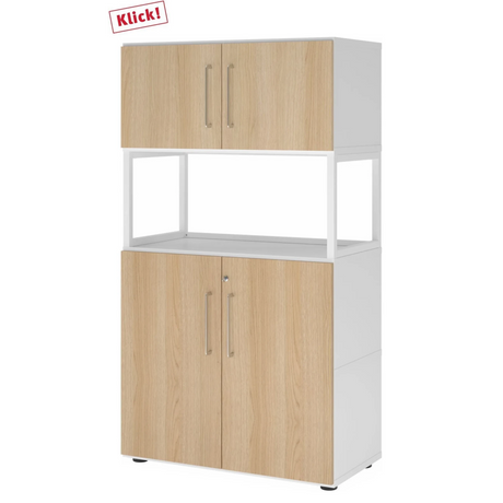 Aktenschrank FlexWall in Weiß und Eiche mit zwei Türen, offenem Regalfach und Stellfüßen von hjh OFFICE PRO