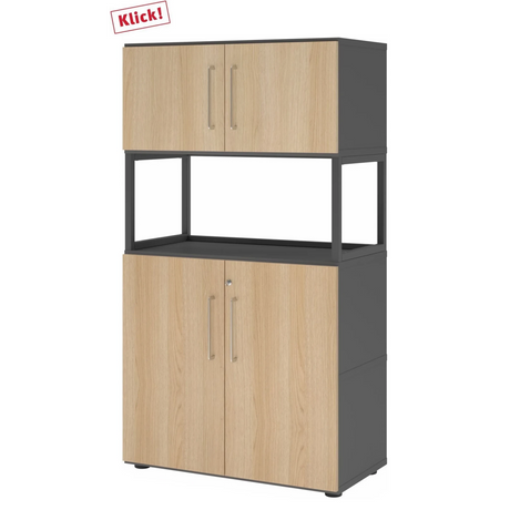Aktenschrank FlexWall in Graphit und Eiche mit zwei Türbereichen sowie offenem Mittelregal von hjh OFFICE PRO