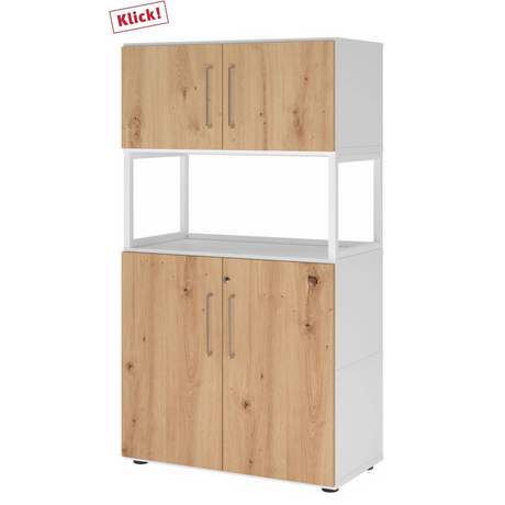 Aktenschrank FlexWall in Weiß und Asteiche mit zwei Türen, offenem Fach und Stellfüßen von hjh OFFICE PRO