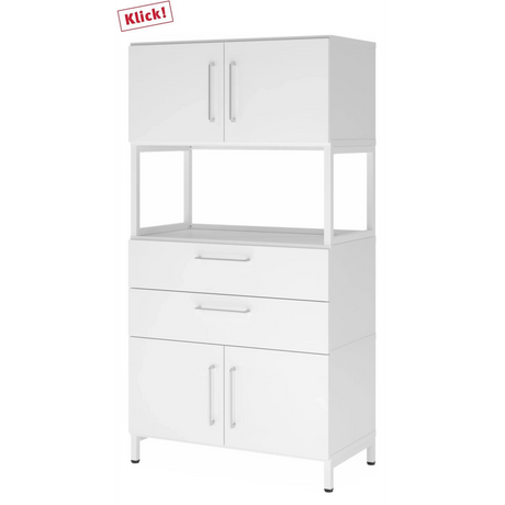 Weißes Sideboard FlexWall mit zwei Türen, zwei Schubladen und einem offenen Regalfach von hjh OFFICE PRO