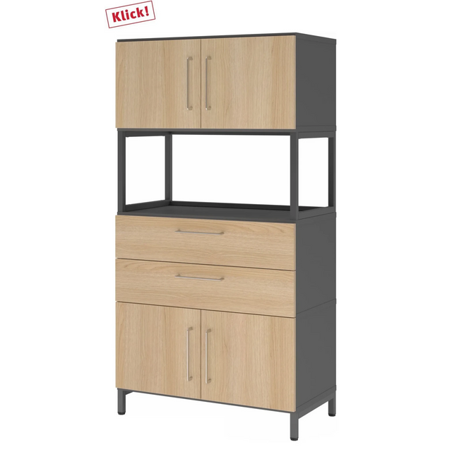 Schrank FlexWall in Eiche und Graphit mit Türen, Schubladen und offenem Regal von hjh OFFICE PRO