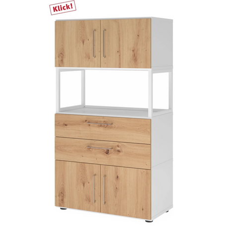 Regal FlexWall in Weiß und Asteiche mit zwei Türen, zwei Schubladen und offenem Fach von hjh OFFICE PRO