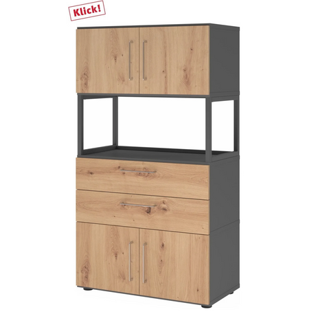 Regal FlexWall in Graphit und Asteiche mit Türen, Schubladen und offenem Rahmen von hjh OFFICE PRO