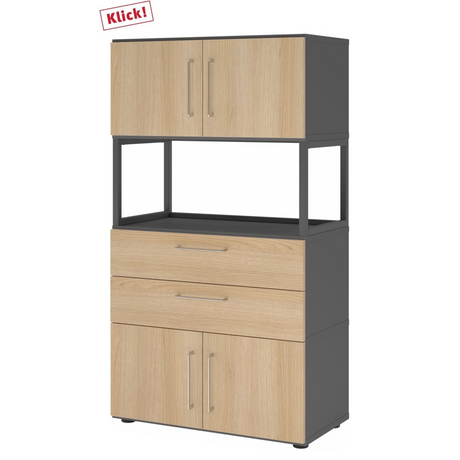 Aktenschrank FlexWall in Graphit und Eiche mit zwei Türen, zwei Schubladen und offenem Regal von hjh OFFICE PRO