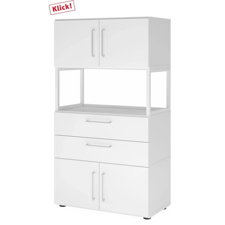 Weißer Aktenschrank FlexWall mit zwei Türen, zwei Schubladen und einem offenen Regal von hjh OFFICE PRO