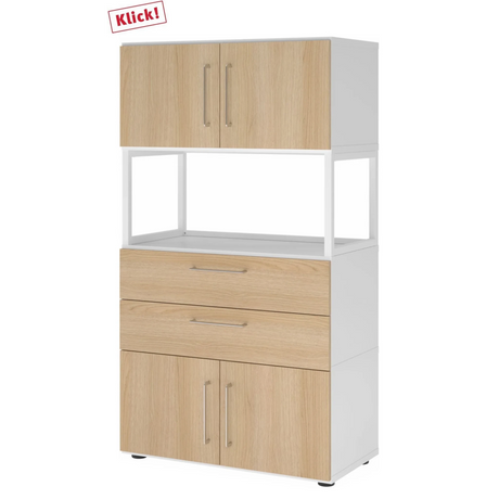 Regal FlexWall in Weiß und Eiche mit zwei Türen, zwei Schubladen und einem offenen Fach von hjh OFFICE PRO