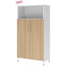 Aktenschrank FlexWall in Weiß und Eiche mit zwei Türen, offenem Fach und weißem Sockelgestell von hjh OFFICE PRO
