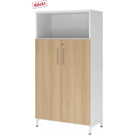Aktenschrank FlexWall in Weiß und Eiche mit zwei Türen, offenem Fach und weißem Sockelgestell von hjh OFFICE PRO