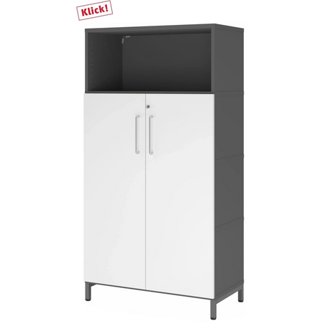 Aktenschrank FlexWall in Graphit und Weiß mit zwei Türen, offenem Fach und Sockelgestell von hjh OFFICE PRO