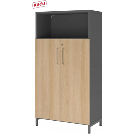 Aktenschrank FlexWall in Graphit und Eiche mit zwei Türen, offenem Fach und Sockelgestell von hjh OFFICE PRO