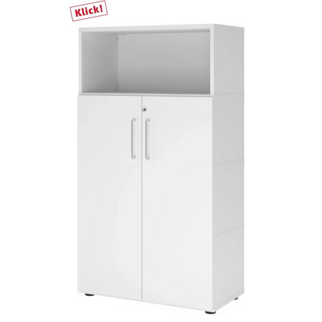 Weißer Aktenschrank FlexWall mit zwei Türen, offenem Fach und Stellfüßen von hjh OFFICE PRO