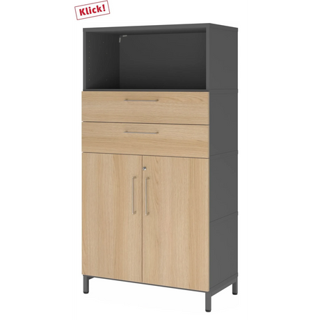 Aktenschrank FlexWall in Graphit und Eiche mit zwei Schubladen, zwei Türen und offenem Fach von hjh OFFICE PRO