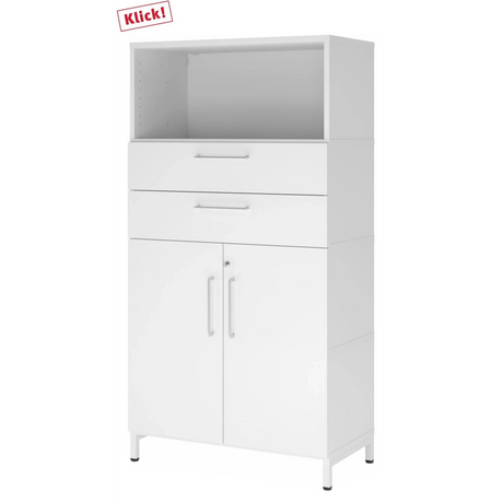 Weißer Aktenschrank FlexWall mit zwei Schubladen, zwei Türen und offenem Fach auf Sockelgestell von hjh OFFICE PRO