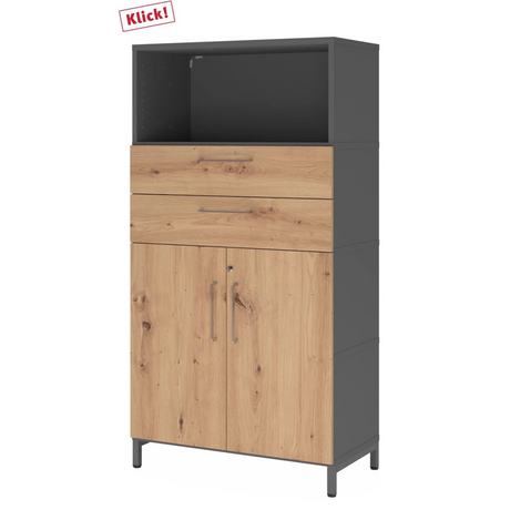 Büroschrank FlexWall in Graphit und Asteiche mit zwei Schubladen, Türen und Sockelgestell von hjh OFFICE PRO