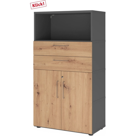 Aktenschrank FlexWall in Graphit und Asteiche mit zwei Schubladen, einem Fach und Türen von hjh OFFICE PRO