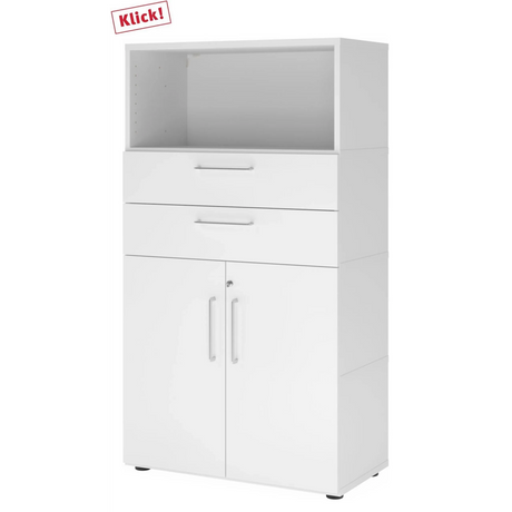 Weißer Aktenschrank FlexWall mit offenem Fach, zwei Schubladen und einem Schrankteil von hjh OFFICE PRO