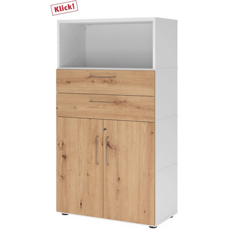 Aktenschrank FlexWall in Weiß und Asteiche mit zwei Schubladen, zwei Türen und offenem Fach von hjh OFFICE PRO