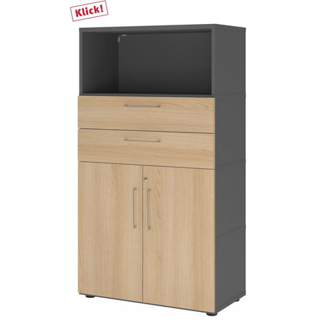 Aktenschrank FlexWall in Graphit und Eiche mit zwei Schubladen sowie einem Schrankfach von hjh OFFICE PRO