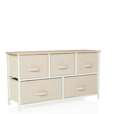 Beige Kommode FOLDAR mit fünf Stoffschubladen und heller Holzplatte von hjh LIVING