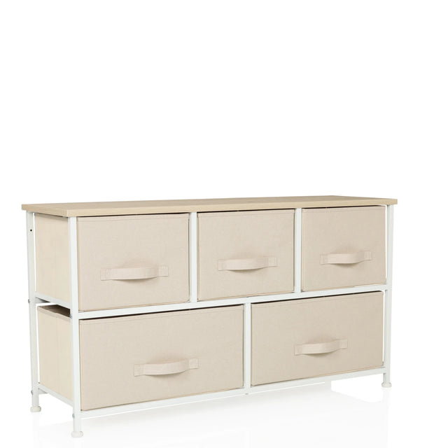 Beige Kommode FOLDAR mit fünf Stoffschubladen und heller Holzplatte von hjh LIVING