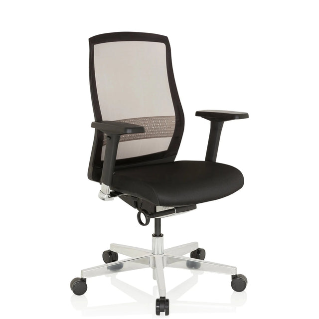 High-End-Bürostuhl FOUNTAINE in Schwarz mit Netzrückenlehne und poliertem Fußkreuz von hjh OFFICE