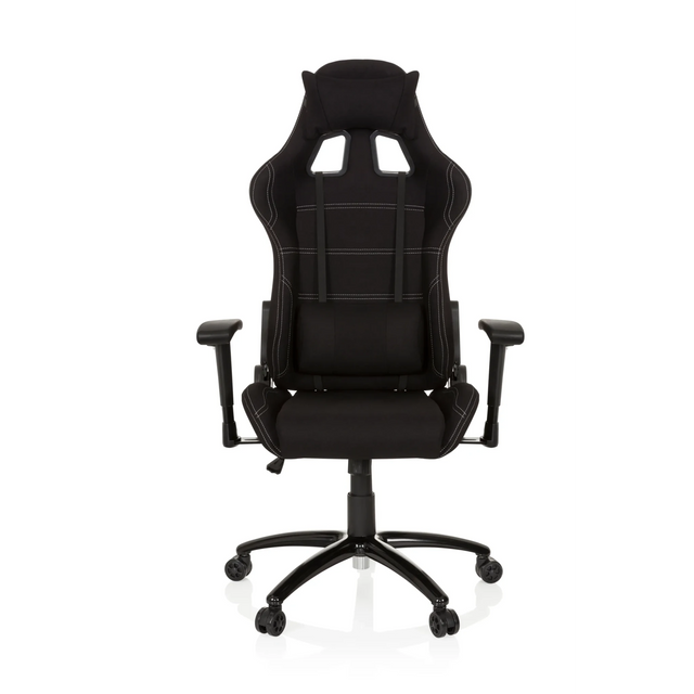 Schwarzer Gamingstuhl GAME FORCE mit Stoffbezug, weißen Ziernähten und Armlehnen von hjh OFFICE