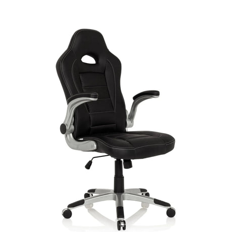 Schwarzer Gamingstuhl GAME SPORT mit silbernen Armlehnen und einem Fußkreuz auf Rollen von hjh OFFICE