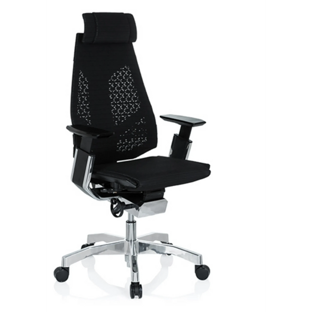 High-End-Bürostuhl GENIDIA PRO mit schwarzem Netzbezug, Kopfstütze und poliertem Fußkreuz von hjh OFFICE