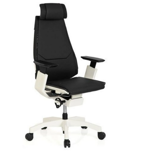 High-End-Bürostuhl GENIDIA PRO WHITE mit schwarzem Lederbezug und weißem Gestell von hjh OFFICE