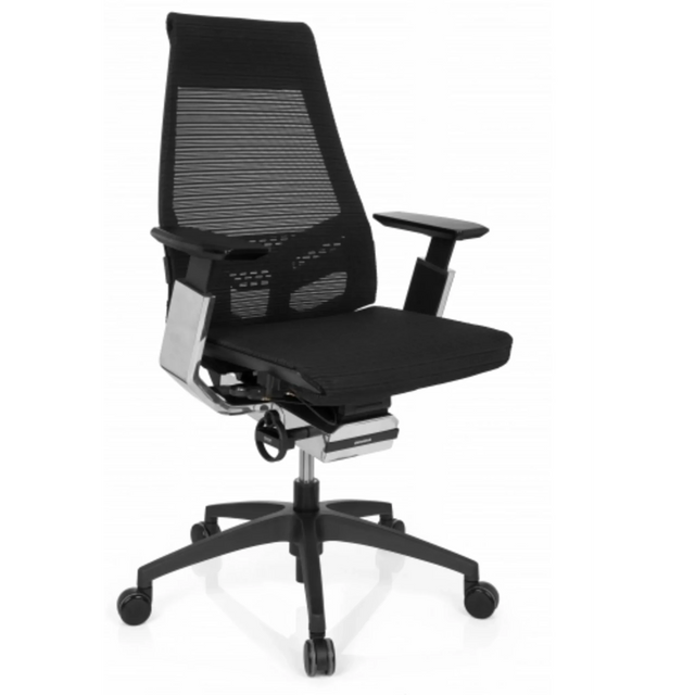 Profi-Bürostuhl GENIDIA SMART BLACK CM mit schwarzem Netzbezug und Chrom-Elementen von hjh OFFICE