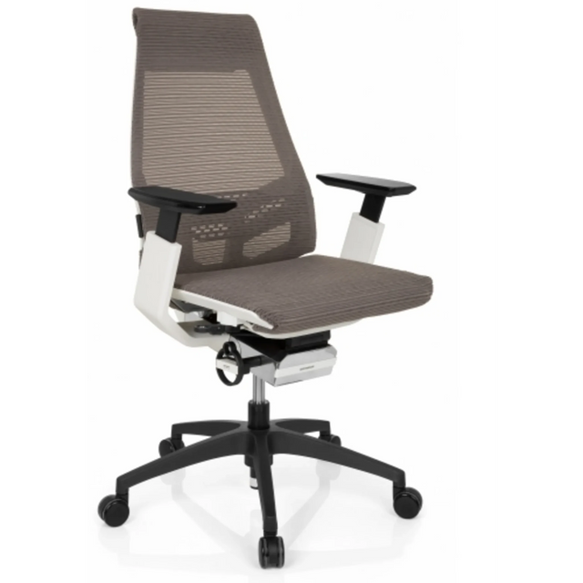 Profi-Bürostuhl GENIDIA SMART WHITE mit grauem Netzbezug, weißen Armschalen und schwarzem Fußkreuz von hjh OFFICE