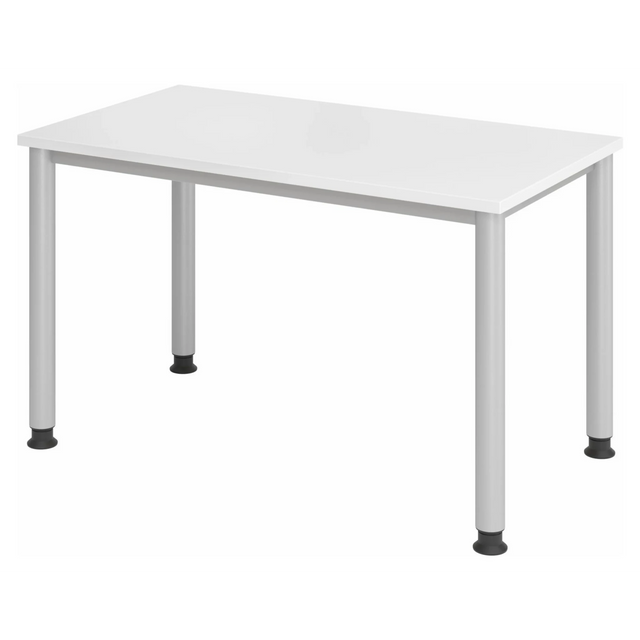 Höhenverstellbarer Schreibtisch HILO 612 S in Weiß und Silber mit vier runden Beinen von hjh OFFICE PRO
