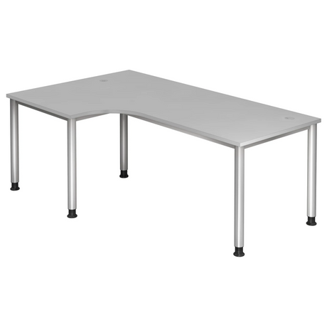 Grauer L-förmiger Schreibtisch HILO 82 S mit silbernen Beinen und Kabelauslass von hjh OFFICE PRO