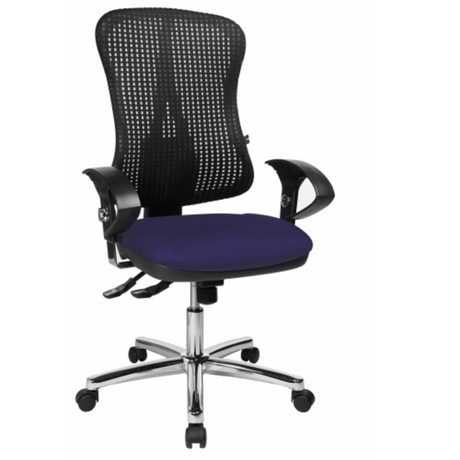 Profi-Bürostuhl HJH SOLUTION DELUXE AL.U2 mit blauem Sitzpolster, schwarzer Netzlehne und glänzendem Fußkreuz von Topstar